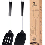 Pfannenwender aus Silikon, robust, antihaftbeschichtet, geschlitzt, hitzebeständig, BPA-frei, ideales Kochgeschirr für Fisch, Eier, Pfannkuchen, schwarz, 2 Stück