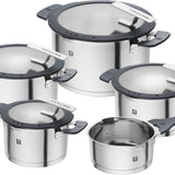 ZWILLING Simplify Kochtopfset, 5-teilig, Mit integriertem Sieb im Deckel, Glasdeckel, Induktionsgeeignet, unbeschichtet, Edelstahl, Silber-Schwarz