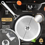 K KITCHING Pfanne Induktion [mit Deckel] Bratpfanne 28cm Antihaftbeschichtet ꟾ Kratzfest Pan ꟾ PFOA FREI & Pfannen für alle Herdarten ꟾ Öl- und fettfreies Braten ꟾ Bratpfanne 24 cm Frying Pan